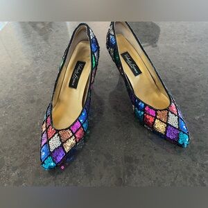 Vintage 80s Valenti Franco Beaded Sequin Color Block Heel Evening Shoes Size 8.5